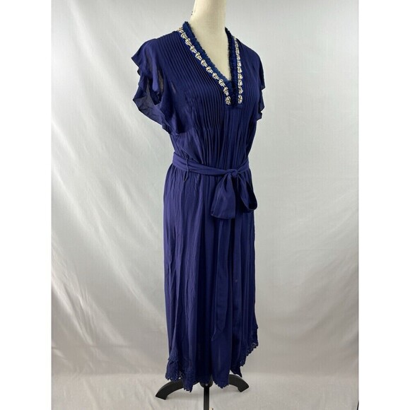 Poupette St Barth Maxi Dress Navy Blue XS Fringe Puka Shell Accents - Picture 3 of 16